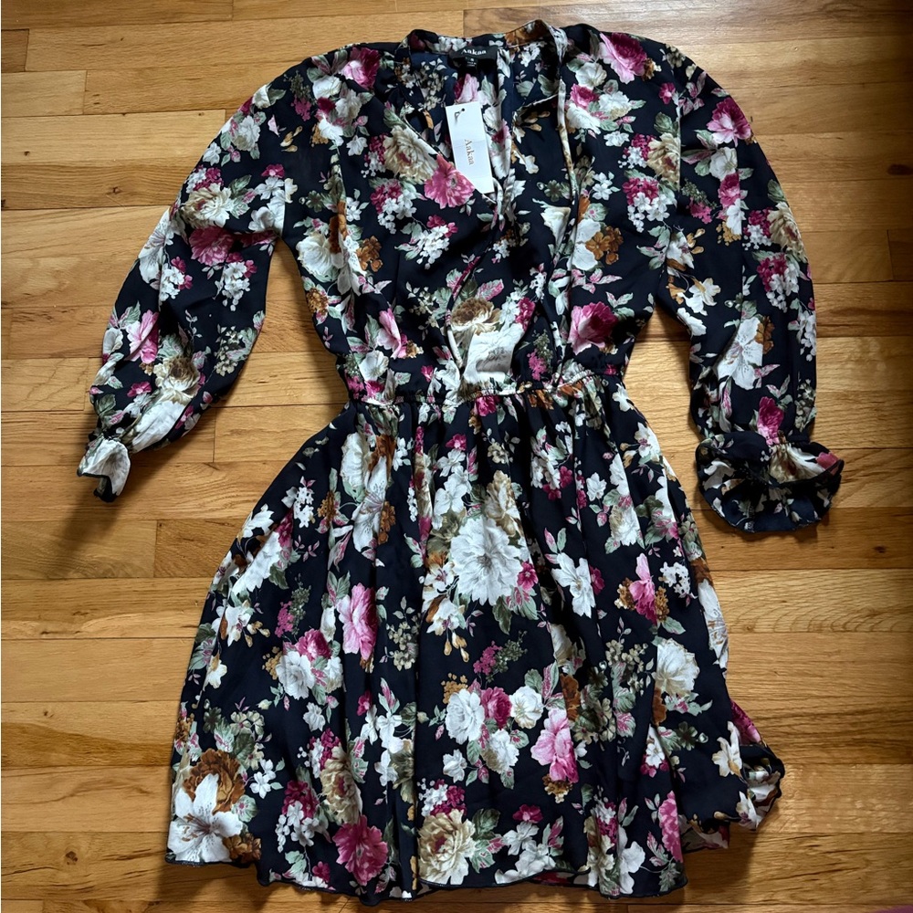 Aakaa Black Floral Dress with Pink and White Accents